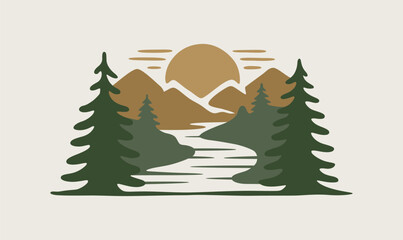 Beautiful mountains waterfall and sun with river outdoor vector t-shirt design, travel and adventure forest scene with pine tree