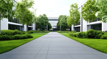 Naklejka premium Modern architectural courtyard with greenery and paved walkway.