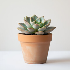 A small succulent plant in a terracotta pot on a minimalist white background