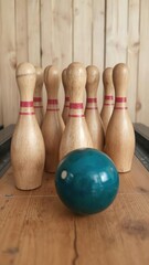 Wooden bowling pins and a ball on a vintage wooden lane, vintage, recreation