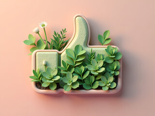 3d Like icon button covered with green plants over colored background