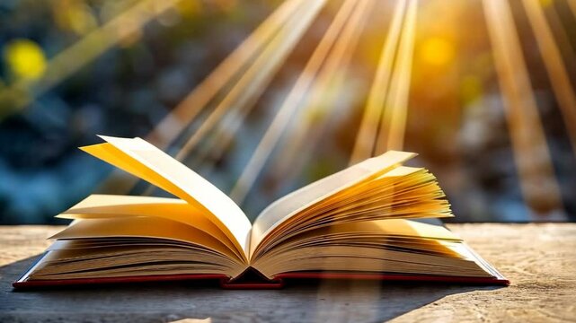 An open book lies on a wooden surface, bathed in warm sunlight with golden rays streaming down, evoking a peaceful and contemplative atmosphere in a natural outdoor setting. Book Lovers Day.