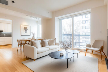 Fototapeta premium Living room with a white couch, a coffee table, and a chair. A vase with flowers is on the coffee table