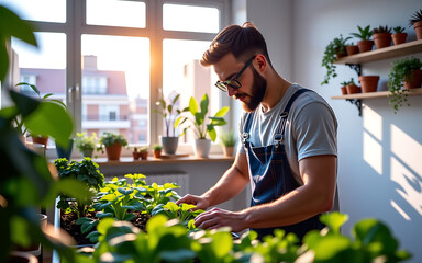 Urban Gardening Enthusiast Tending Indoor Vegetable Garden Bright Apartment Space
