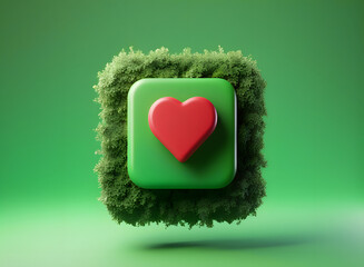 3d Like icon button covered with green plants over colored background