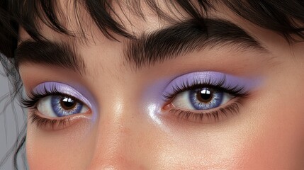 Obraz premium Close-up of a Woman's Eye with Lavender Eyeshadow and Blue Contact Lenses