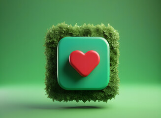 3d Like icon button covered with green plants over colored background