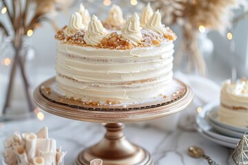 Elegant Layered Cake with Frosting and Cane Sugar Crystals for Celebration or Dessert Display