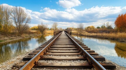 Naklejka premium Rustic Railway Track Stretching Into Distance Under Bright Blue Sky with Fluffy Clouds and Lush Greenery Alongside Tranquil Waterway and Autumn Trees