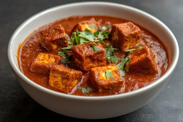 A vertical shot of traditional Indian paneer butter masala or cheese cottage curry on a black surface
