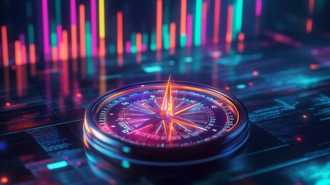 Glowing Financial Compass Pointing Towards Long Term Stability With Charts and Graphs