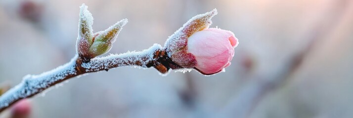 Newly blossomed bud on frost covered tree  spring frosts pose risk of crop loss and damage
