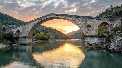 Fototapeta premium Majestic Arching Bridge Over Serene River at Sunset
