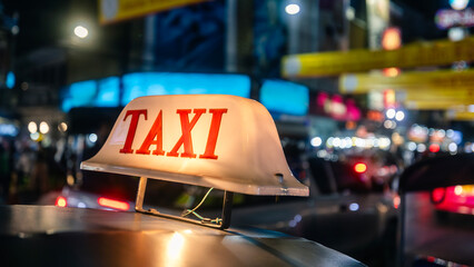 Illuminated taxi sign on roof tuk tuk at night. Busy city street in Bangkok, Thailand.