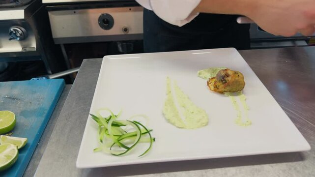 Plating Of A Raw And Cooked Fish Based Appetizer In A Luxury Italian Kitchen