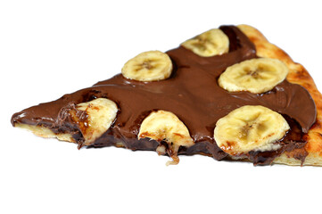 sweet pizza topped with a chocolate paste with hazelnuts cream and slices of fresh banana fruit, baked in the oven, baked pizza dough with chocolate and bananas, dessert slices as a snack
