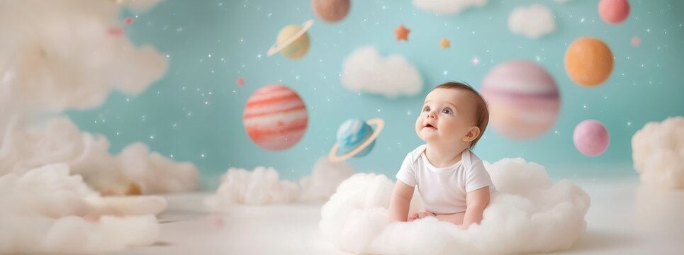 A curious baby gazes at colorful planets and clouds, embodying innocence and wonder in a whimsical cosmic setting.