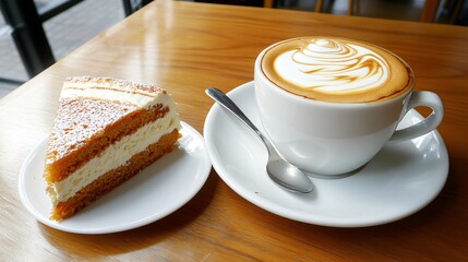 A slice of cake accompanied by a beautifully crafted latte sits on a wooden table, inviting a moment of indulgence.