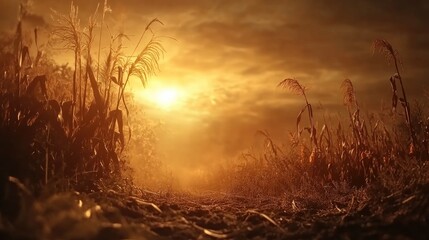 Obraz premium Golden Sunrise Over a Serene Cornfield with Fading Light and Gentle Mist, Evoking a Sense of Calm and Tranquility in Nature's Embrace