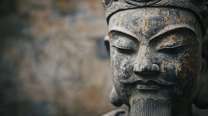 Fototapeta premium Ancient Stone Statue of a Serene Wise Man with Distinctive Facial Features and Intricate Details, Captured in Soft Natural Light Against a Rustic Background