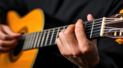 Fototapeta premium A close-up of a person playing an acoustic guitar, showcasing their fingers expertly positioned on the strings.