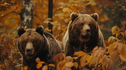 Two bears amidst autumn foliage, showcasing wildlife in a natural setting.