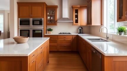 Fototapeta premium A modern kitchen featuring wooden cabinetry, granite countertops, stainless steel appliances, and ample natural light.