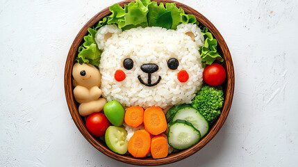 A delightful bento box featuring a bear-shaped rice creation surrounded by fresh vegetables and fruit for a fun lunch