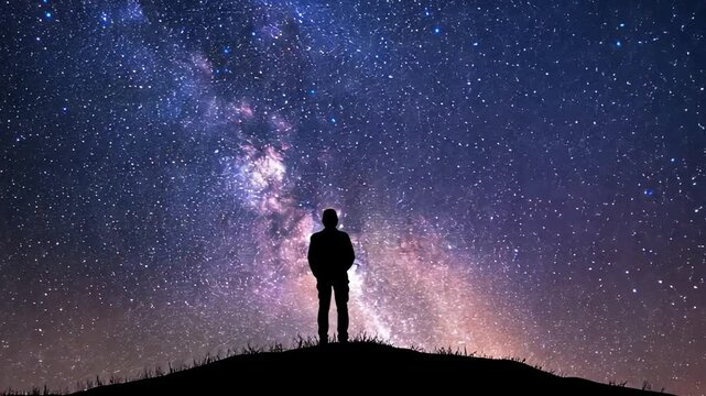 A man stands on a hill looking up at the stars