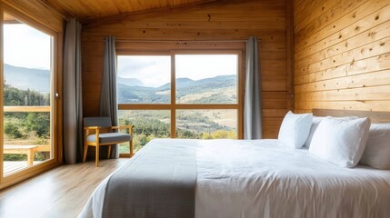 A cozy wooden bedroom with large windows showcasing a scenic mountain view, featuring a bed with white linens and a comfortable chair.