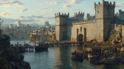 Fototapeta premium Majestic Kingdom with Towering Stone Walls and Drawbridges