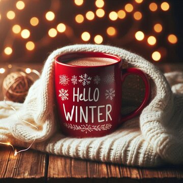 Inscription hello winter on red mug wrapped in blanket, Christmas lights