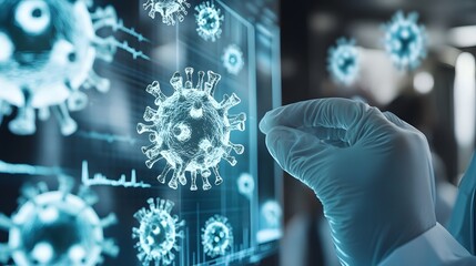 A healthcare professional interacts with a digital display showcasing coronavirus imagery and data analytics.