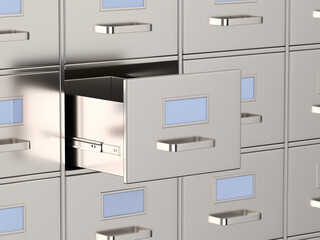 Filing cabinet with open drawer. 3D illustration