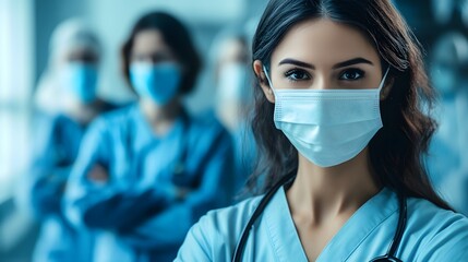 A focused healthcare professional stands in the foreground, wearing a mask, with colleagues in the background, emphasizing teamwork in a clinical setting.