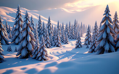 Snowy mountain pines, winter landscape, serene beauty.
