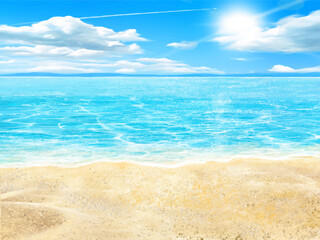 A beautiful summer-themed frame illustration featuring a blue sky with clouds and the sun, along with shimmering sea waves.-beautiful beach side