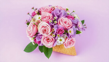 Delightful Bouquet of Flowers in Waffle Cone with Shades of Pink, White, and Purple Against Soft Purple Background
