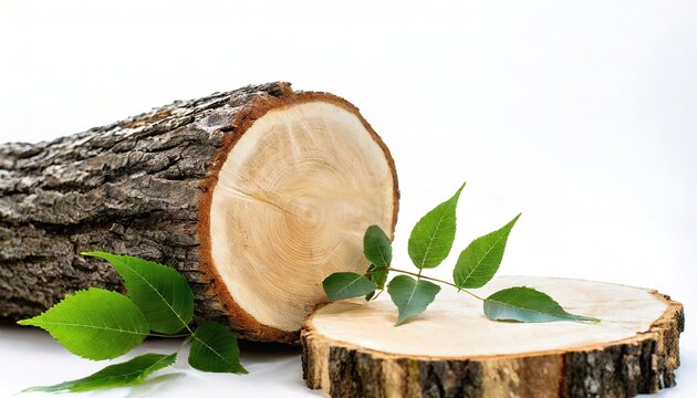 Fraxinus or ash, is a genus of plants in the olive and lilac family, Oleaceae. Wood log, leaf or leaves showing inside growth rings, used for making planks for building homes or structures. Isolated