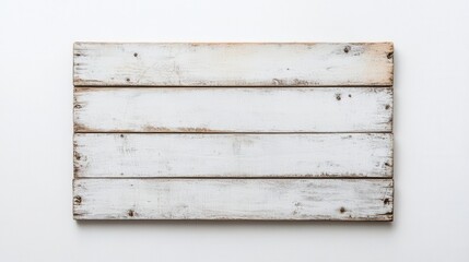 A weathered wooden plank with a whitewashed finish, featuring horizontal slats and a rustic appearance, ideal for background or decorative use.