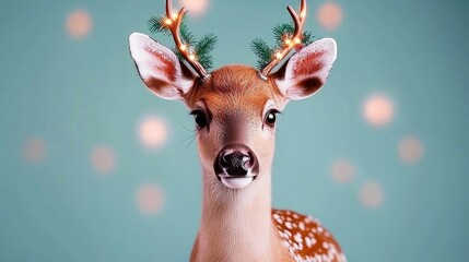 Festive Reindeer Portrait Celebrating Christmas Spirit in a Cozy Winter Environment with Cheerful Lights and Warmth