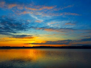 vivid colorful color of  sunset with clouds.Sunset with mountain above lake reflection in water.