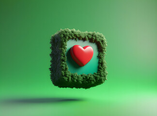 3d Like icon button covered with green plants over colored background