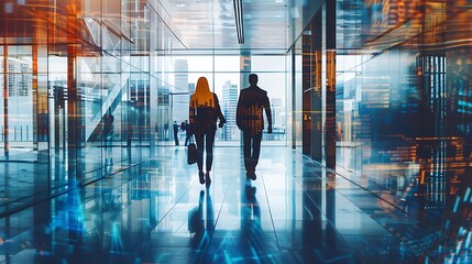 Silhouettes of two professionals walking in a modern office space with digital overlays.