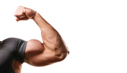 biceps brachii is a large muscle that lies on the front of the upper arm between the shoulder and the elbow. Flexing.  Isolated on white background with copy space