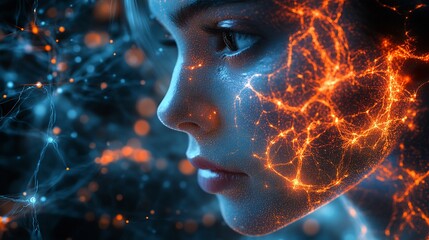 Obraz premium Neuroscientist examining illuminated neural pathways transparent digital interfaces featuring glowing synapses and mental health analytics