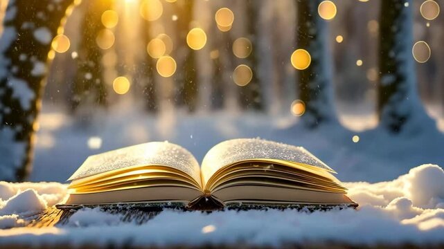 Magical glow open book background. Christmas fairy-tale on winter holidays and snowy forest. Paper pages.