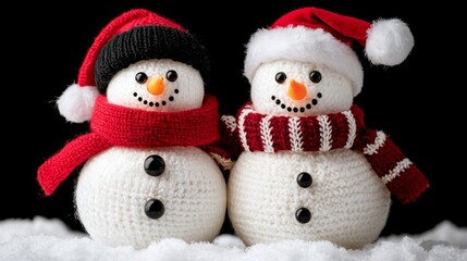 Two Cheerful Snowmen in Festive Hats Winter Wonderland Holiday Decor Snowy Background Joyful Scene Embracing Christmas Spirit