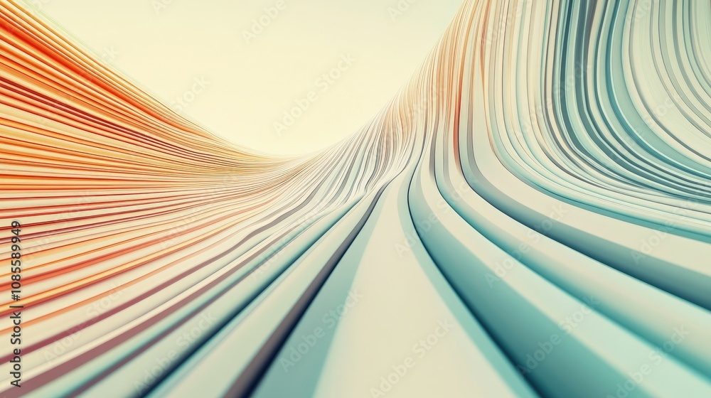 Poster abstract flowing lines in soft colors creating a dynamic wave-like landscape with a dreamy and seren