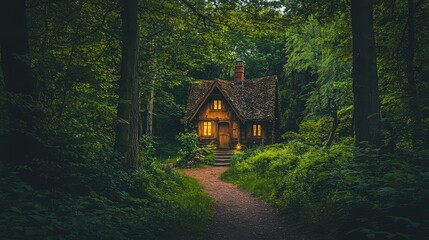 Enchanted Cabin in a Lush Forest Pathway
